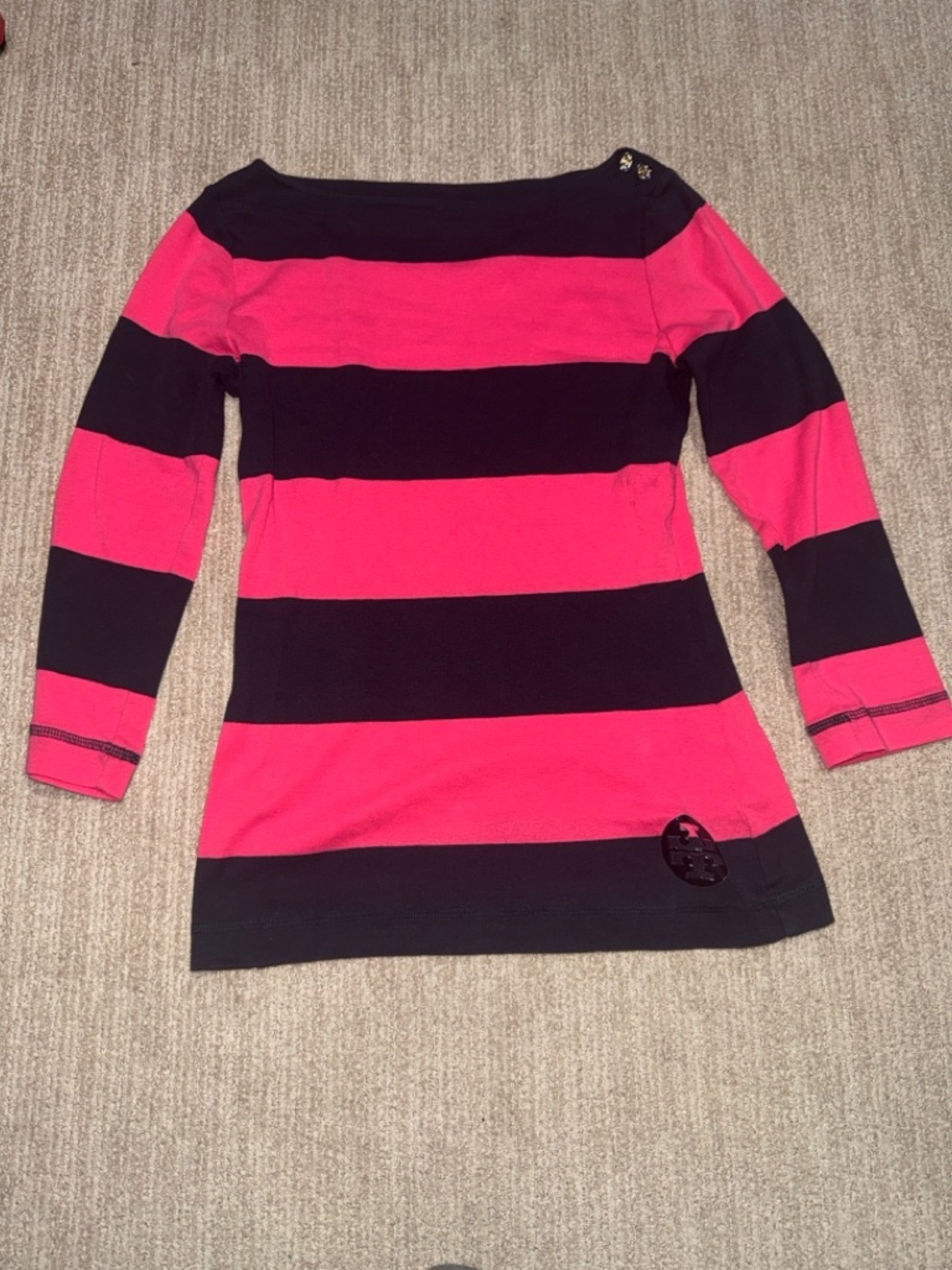 Tory Burch Womens Size S Pima Cotton Striped Pink/Navy Blue Boatneck Top - Picture 2 of 10